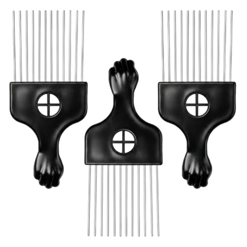 Afro Hair Pick Comb for Women & Men,3 Pack Black Metal Afro Combs for Curly Hair,Braid Styling Comb
