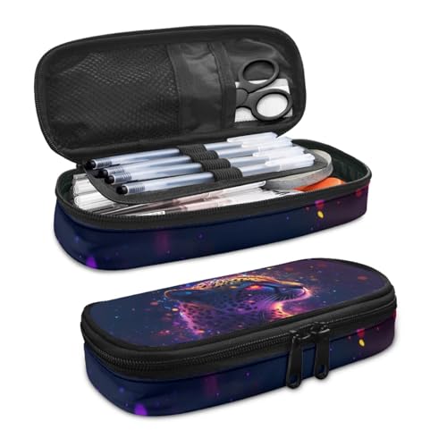 Image of Galaxy Cheetah Kids Pencil Case Zippered Pencil Pouch Pen Cases with Slots for Office School Multi-Purpose Stationery Bag 8.8 inch x 4.1 inch x 1.7 inch