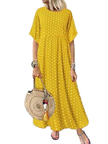 HEFASDM Vestido longo longo casual rodado rodado com estampa flare verão, Amarelo, M