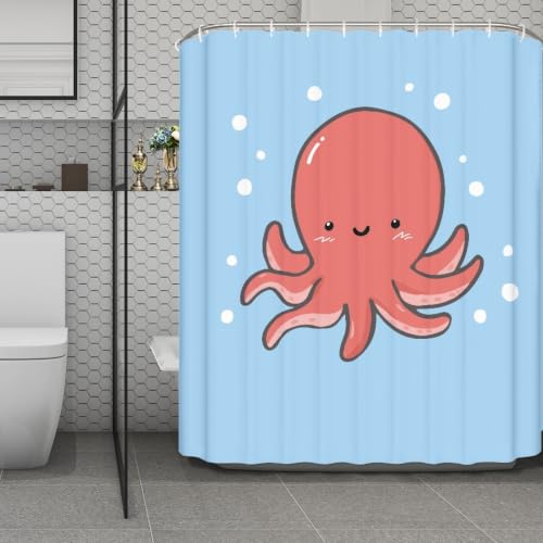 Rideau de douche lavable anti éclaboussures octopus rouge en polyester - 2
