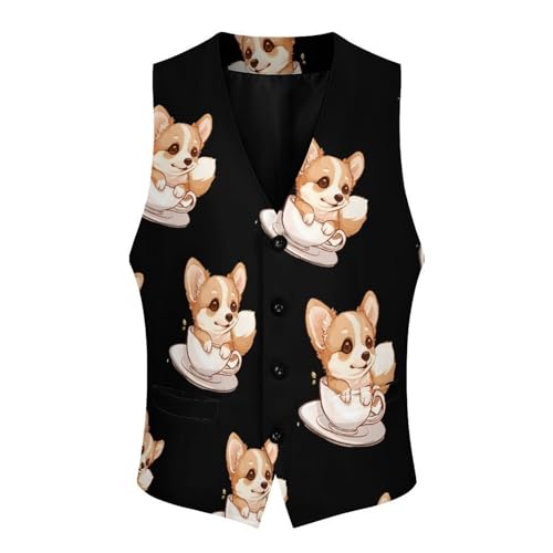 Corgi Corgffee Cute Mens Slim Fit Suit Vest Dress Waistcoat Casual Business Vest4