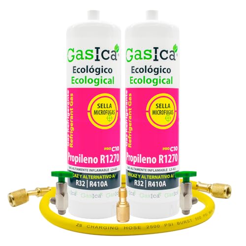 Ralertreik Gas refrigerante Gasica C10 Compatibile con R32 R410A Valvola inclusa (2 Bottiglie + Tubo + Adattatore)
