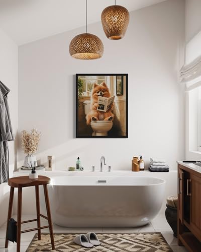 Image of Pomeranian on Toilet Black Framed Wall Art Print Poster, Dog Bathroom Humor Decor Posters Prints for Restroom Home Picture Painting Artwork Gallery 7 (Pomeranian, 14 inchL x 11 inchW, Black Frame)