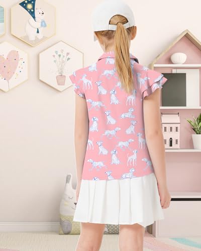 Image of Soneven Girls Ruffle Sleeve Polo Shirts V-Neck Golf Tennis T-Shirts Uniform Shirts Quick Dry for 4-14 Years