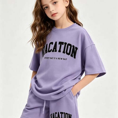 Image of Size 6-12 Years Girl's Tracksuit Sets 2 Piece Outfits Letter Print Vacation Tee Top and Drawstring Waist Shorts