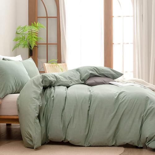 Image of BESTOUCH Cotton Solid Duvet Cover Set Linen Feel Green Super King Plus | 100% Washed Cotton, Soft Wrinkle Texture, Hidden Zipper, 8 Ties, Breathable Lightweight Durable Comfy, 3 Pcs No Insert