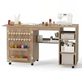 KOMFOTTEU Mesa de Costura Plegable con Ruedas (Marrón)