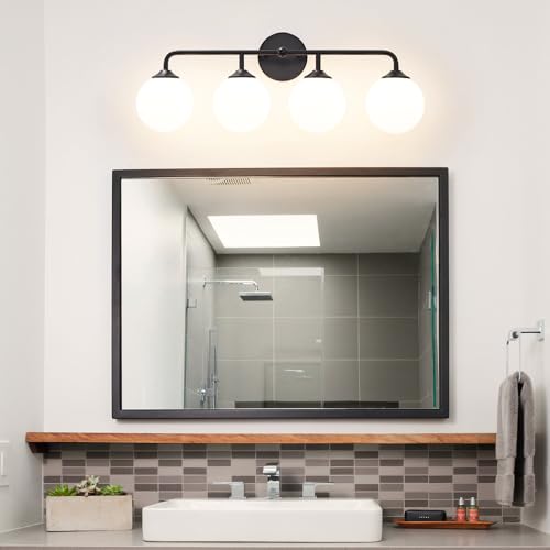 Image of 4-Lights Black Vanity Lights with Milky White Globe Glass Shade, Industrial Bathroom Wall Sconces Light over Mirror, Vanity Lighting Fixture for Bathroom Dressing Table Bedroom Living Room