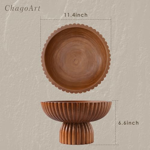 ChagoArt Wooden Fruit Bowl for Kitchen Counter- Large Decorative Bowl for Home Decor Entry Table-Ruffle Fluted Bowl-Scallopedl-Organic Modern Home Decor-Pedestal Footed (Wood Brown) - Image 3