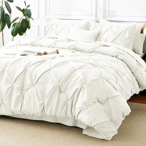 CozyLux Queen Comforter Set Ivory, 7 Pieces Pintuck Bed in a Bag