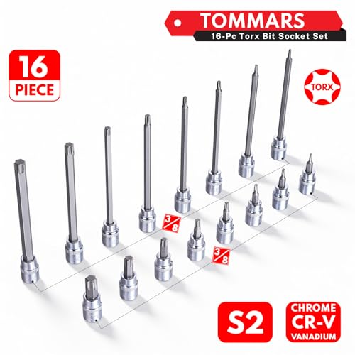 Image of TOMMARS 16-Piece 3 /8 inch Drive Conventional Torx Socket Set | T10, T15, T20, T25, T30, T40, T50, and T55, Long Torx Bit Socket Set ,S2 Alloy Steel