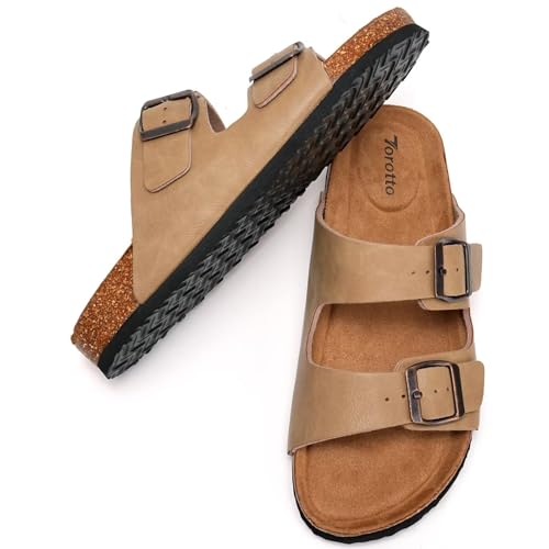 Image of Torotto Womens Slides with Cork Footbed Open Toe Adjustable Webbing Flat Sandals for Walking | Beach | Indoor