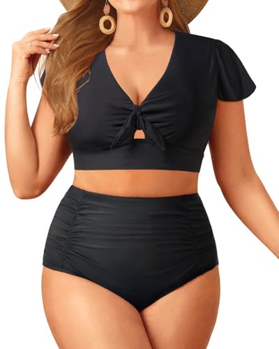 Yonique Womens Two Piece Plus Size Bikini Set High Waisted Swimsuits Tummy Control Bathing Suits Short Sleeve Swimwear