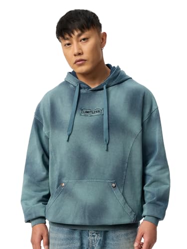 Image of The Souled Store: Ambient Men and Boys Full Sleeves Hooded Neck Blue Washed Cotton Oversized Fit Embroidered Everyday Streetwear Oversized Hoodie