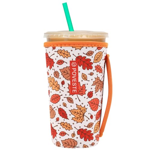 Image of Reusable Neoprene Insulator Sleeve for Iced Coffee & Cold Soda, Coffee Sleeves for Iced & Hot Drinks, Cold Beverage Cooler Compatible with Starbucks, Dunkin (Fall Leave, Large: 32oz)