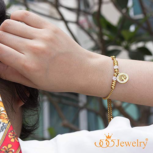 555Jewelry Stainless Steel Tree Of Life Charm Bracelet, Adjustable Slider Cuff Bangle Beaded Bolo Bracelets For Women, Cubic Zirconia Bracelets For Women, Gold #TOP1
