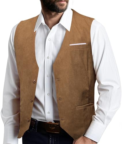 Image of Barry.Wang Mens Outdoor Corduroy Vests Vintage Western Cowboy Sleeveless V-neck Waistcoat Retro Casual Vest