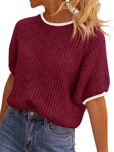 Image of Saodimallsu Womens Puff Short Sleeve Sweater Tops Spring Summer Color Block Ribbed Knit Crew Neck Going Out Shirts