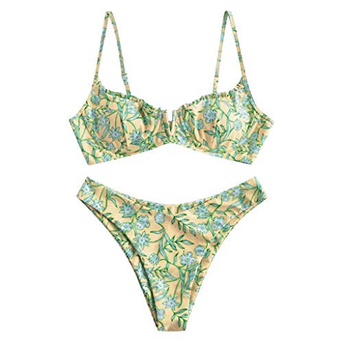 Conjunto de Tankini Bikini para Mujer con Escote en V y Estampado Floral de Dos Piezas para Playa y Piscina (Yellow, M)
