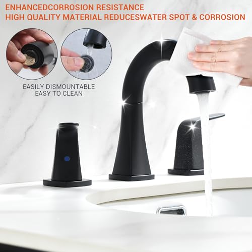 BRAVEBAR Pull Down Bathroom Faucet Black- Matte Black Sink Faucet with Sprayer, Bathroom Pull Out Faucets, 2-Handles Widespread Vanity Faucets 3 Hole 8 Inch 360 Swivel Spout with Pop-up Drain & Lines by BRAVEBAR - Image 2