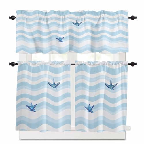 Blue White Striped Kitchen Curtains 36 Inch Length, 3 Piece Rod Pocket Small Half Tiers and Valance Set, Starfish Coastal Waves Small Large Window Treatment Decor for Bedroom/Bathroom Sink