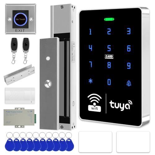 XYBkey WiFi TUYA Security Access System Kit with Waterproof RFID Keypad Door Lock, App，Smart Remote Door Opener, 600-pound Electric Magnetic Lock + U, Sensor Switch, Doorbell （Frameless Glass Doors）