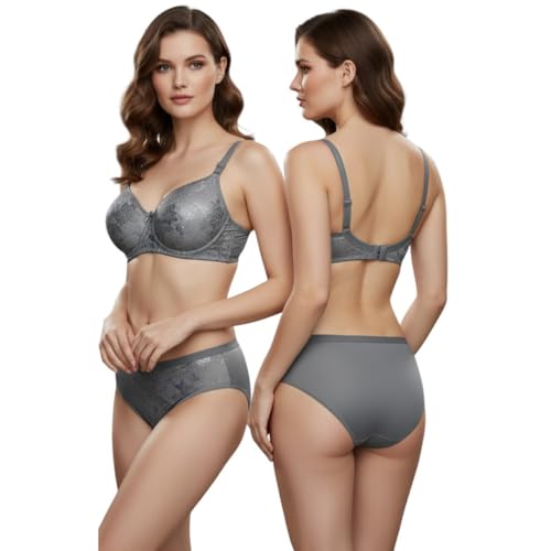 Image of Kinzie Elegant Floral Jacquard Lingerie Set, Grey Brown Maroon Bra and Brief, Comfortable Full Coverage Underwear Set, Padded Bra, Lingerie Set, Honeymoon Bikini Set,