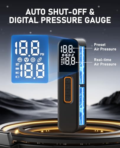 Image of Electric Ball Pump, Sports Air Pump with Digital LCD Display, 2 Needle and Storage Bag, Automatic Small Ball Pump for Basketball Soccer Football and Volleyball (Max 15 PSI) (Orange, Small)