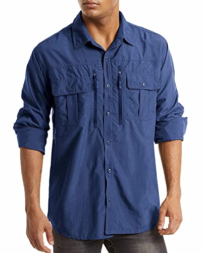 MAGCOMSEN Herren Funktionshemd Outdoor Arbeitshemd Langarm Taktisch Hemd UPF 50+ Shirts Herren Freizeithemd Atmungsaktiv Work Shirts Safari Tropenhemd Königsblau XL