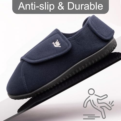 Image of Men's Memory Foam Diabetic Slippers with Adjustable Closure, Extra Wide Comfy Warm Plush Fleece Arthritis Edema Swollen Diabetic House Shoes Machine Washable with Anti Slip Sole
