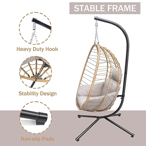 Varvind Hanging Egg Chair With Stand Outdoorhammock Swing Chair With Stand And Cushions, Pillow,Wicker Rattan Hanging Egg Chair,Adjustable Height,Uv Resistant, Indoor Outdoor Use,350Lbs(Beige) #TOP5