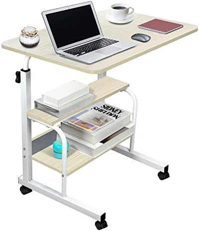 Home Office Desk Height Adjustable Laptop Table with Shelf for Small Space, Portable Small Computer Coffee Desk TV Side Table for Bed Couch Corner, Wood Rolling Standing Desk for Work Study Reading