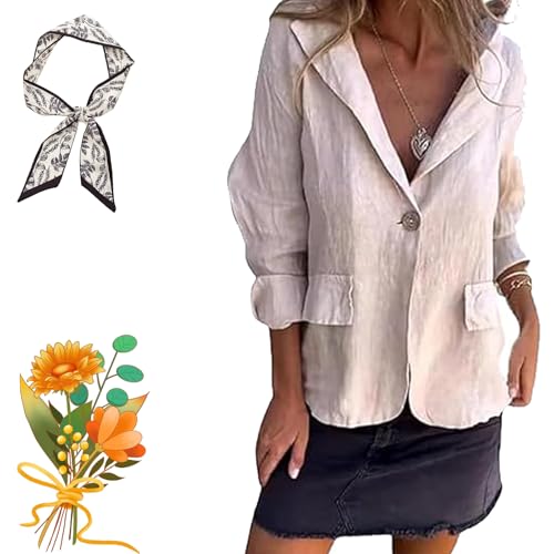 Cotton and Linen Casual Lapel Single-Button Thin Coat, 3/4 Sleeve Linen Blazer Women - Main Image