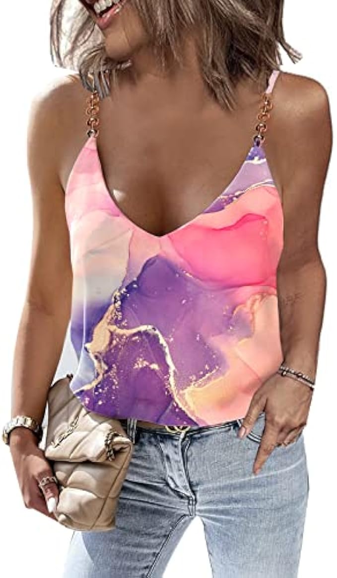 SAUKOLE Women's Adjustable Spaghetti Strap Shirts Blouses V Neck Floral Print Summer Sleeveless Casual Tank Tops