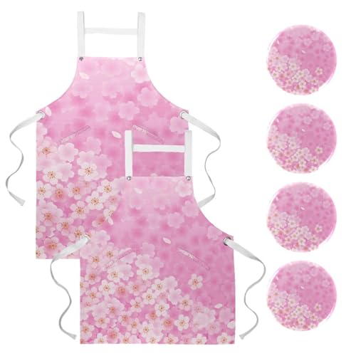 Lot de 2 tabliers de cuisine roses à motif cerisier avec 4 broches incluses