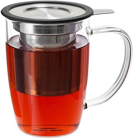 Prime Tea - Glass Teacup with Tea Infuser, 16oz / 470 ml, Hand Blown, Single Wall, Heat Resistance Borosilicate Glass Teacups for Blooming Tea & Loose Leaf Tea, Microwave & Dishwasher Safe (Black)