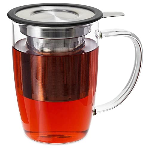 Prime Tea - Glass Teacup With Tea Infuser, 16Oz / 470 Ml, Hand Blown, Single Wall, Heat Resistance Borosilicate Glass Teacups For Blooming Tea & Loose Leaf Tea, Microwave & Dishwasher Safe (Black) #TOP1