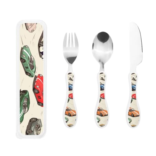 Ensemble de couverts pour enfants en acier inoxydable de qualité alimentaire avec cuillère, couteau et fourchette (motif de voitures de dessin animé)
