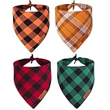 ADOGGYGO 4 Pack Plaid Dog Bandana for Fall Halloween Thanksgiving Christmas, Red Green Orange Plaid Pet Scarf Plaid Holiday Bandanas for Medium Large Dogs (Large)
