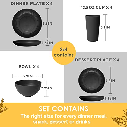 Teivio 16-Piece Kitchen Plastic Wheat Straw Dinnerware Set, Service for 4, Dinner Plates, Dessert Plate, Cereal Bowls, Cups, Unbreakable Plastic Outdoor Camping Dishes, Black - Image 3