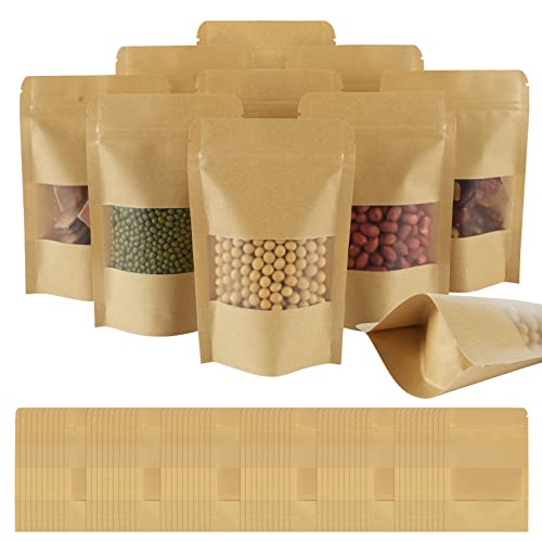 AUAUY 100pcs Papiertüten mit Fenster, Imprägniern Kraftpapiertüten, Standbodenbeutel Mit Sichtfenster, Kraftpapierbeutel, Standbeutel aus Kraftpapier für Nüsse Kaffeebohnen Teeblätter Gewürze (9*14cm)
