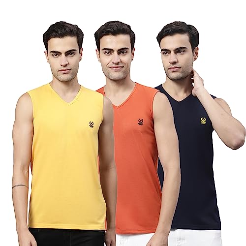 Image of Mack Jonney Regular Fit Cotton Solid Gym Vest for Men (Pack of 3)-V SL YLW RST L.GRN 03-P