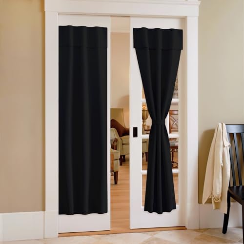 NICETOWN Black Blackout Short Curtains for French Door, Sidelight Door Portable Adjustable Thermal Insulated Curtains for Front Back Kitchen, 26" Wide