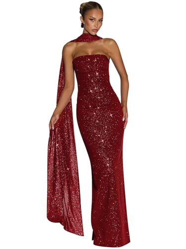 HYKDC Women's Long Strapless Glitter Prom Dress with Shawl Burgundy Pleated Backless Mermaid Formal Evening Dresses Size 8