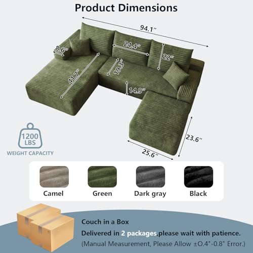 Image of 95 inch Cloud Sectional Couch with Ottoman,Modern U-Shaped Cloud Couch with Deep Seat,Comfy Corduroy Sofa,Memory Foam Sofa for Living Room,No Assembly (Green,Left-Facing Chaise)