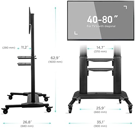 ONKRON Mobile TV Stand for 40-75 inch LCD/LED/OLED TVs up to 55.5 kg - Height Adjustable Rolling TV Cart with Wheels and Shelf TS2771 Black