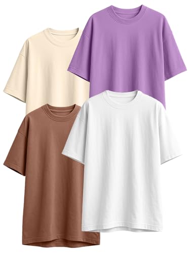 Image of JUNEBERRY 100% Pure Cotton Oversized Loose Fit Half Sleeve Drop Shoulder Solid Core Round Neck Multicolor T-Shirt Combo for Women (Pack of 4) (Colors: Black, White, Swanwhite, Brown, Lilac & Maroon)