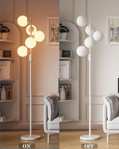Image of 64IN Dimmable White Floor Lamp, Tall Standing Lamps with 5 Globe Soft Warm White Eye Care 3000K G9 Bulbs, Mid Century Modern Floor Lamp for Living Room Bedroom Office