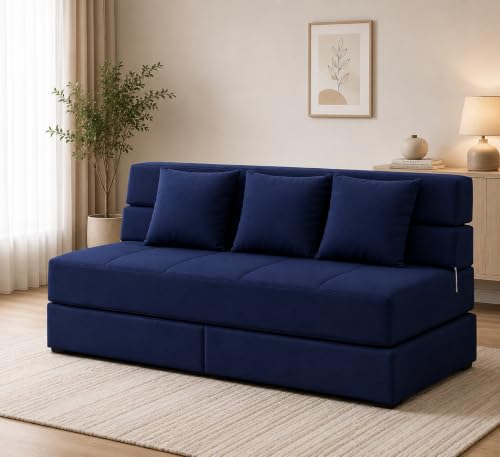 FRIENDS SUPER LIFE Foldable Two Seater Sofa Bed 4 x 6 Ft Jute Fabric Washable Cover Convertible Sofa Bed for Home & Office, Guest Room Pre-Assembled (Blue)