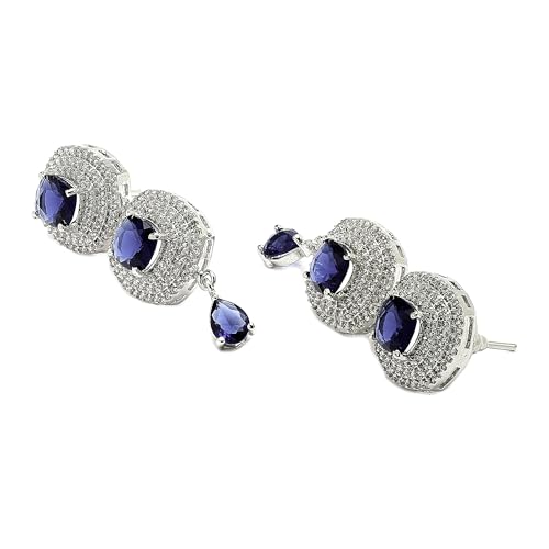 Image of ZENEME Rhodium Plated Silver Toned Triangular Shaped American Diamond Studded Jewellery Set For Women and Girl